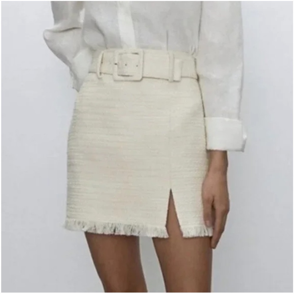 Aritzia Cream Mini Skirt with Belt and Front Slit